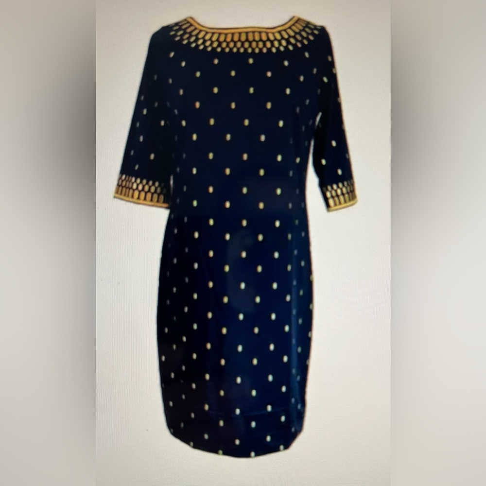 Gretchen Scott Rocket Girl Embroidered Dress Size SMALL Blue Yellow Jersey Knit